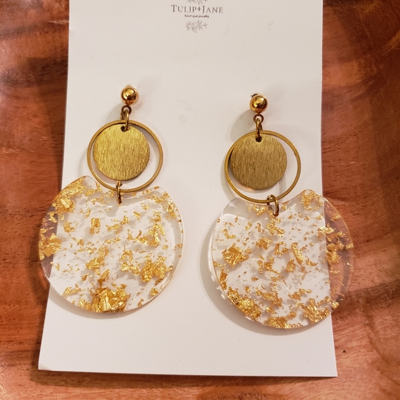 NEW Handmade Resin Gold Flakes Mod Gold Earrings - Picture 2 of 6